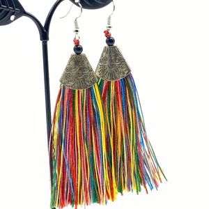 Bohemian Rainbow Tassel Thread Earrings Antiqued Silver Tone Boho Festival Long